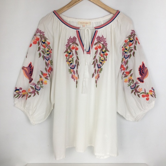 Solitaire Anthropologie Embroidered Peasant Floral Top White Pink Women’s Sz XL - Picture 2 of 13